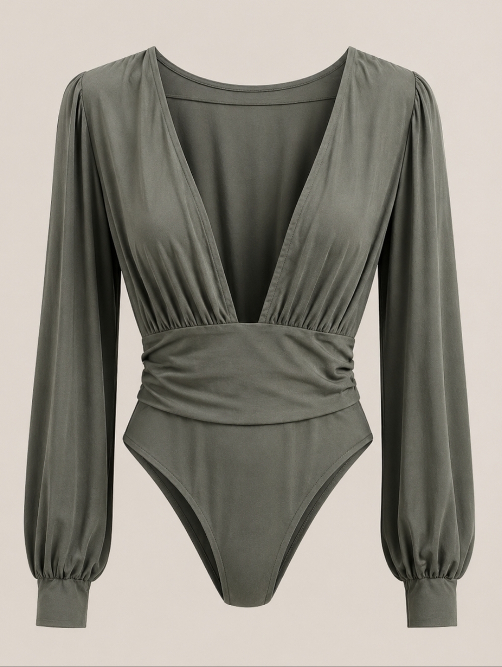 Bodysuit Olive Green Plunge Bishop Sleeve Womens Large Boho Chic Mobwife Glam